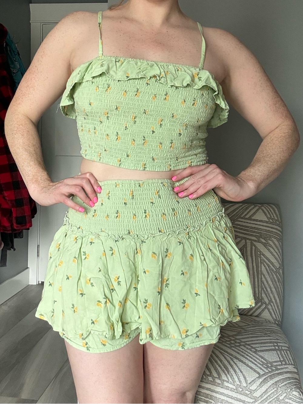 Hollister Light Green Floral Smocked Two-Piece Set
